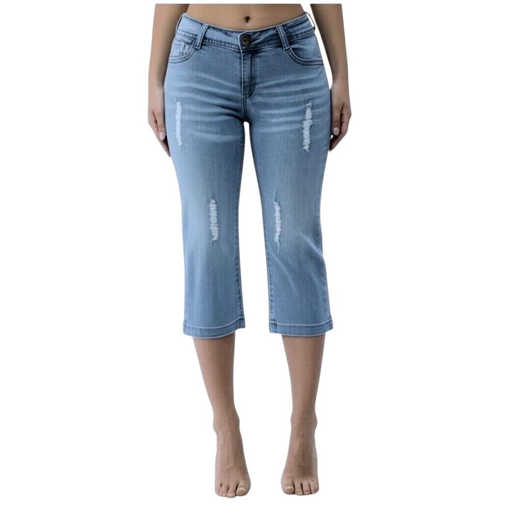 Richcow Women's Light Wash Mid-Rise‎ Ripped Capris Distressed Rhinestone Size 11